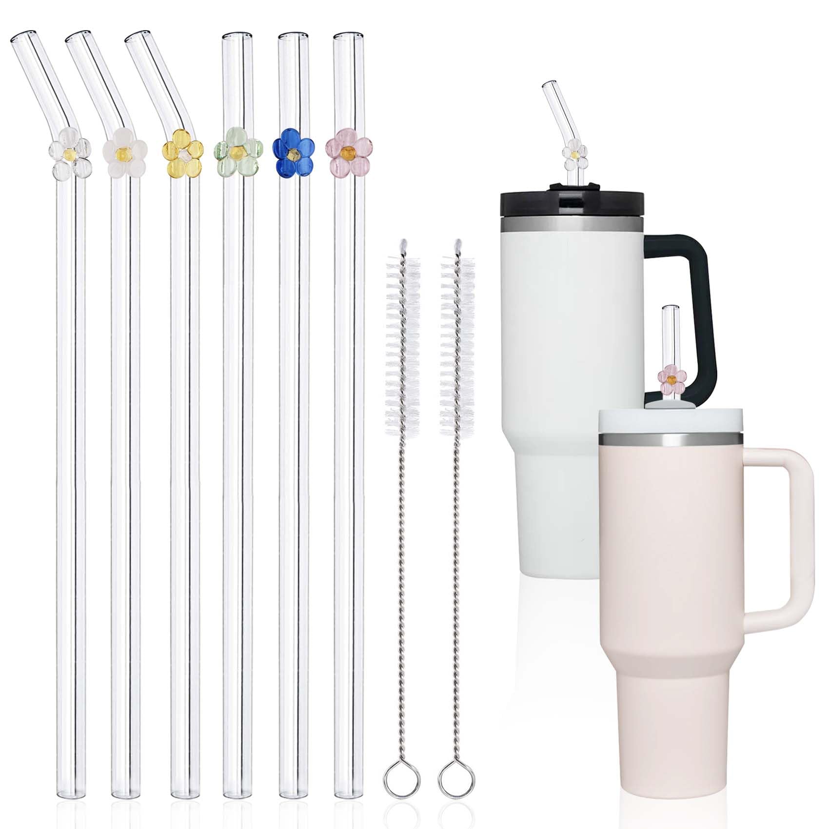 Photo 1 of DUMING-IN 6 Pack Replacement Glass Straws for Stanley 40 oz 30 oz Tumbler, Cute Flower Glass Straws with Charms, Stanley Straw with Cleaning Brush Stanley Cup Accessories, 12 inches