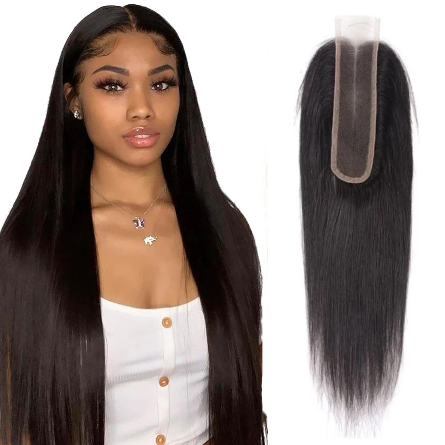 2x6 Closure Human Hair Straight Lace Closure 100% Unprocessed Brazilian Human Hair 2x6 Lace Closure Natural Black Color Wet and Wavy Hair Natural Color 14 Inch — image 1