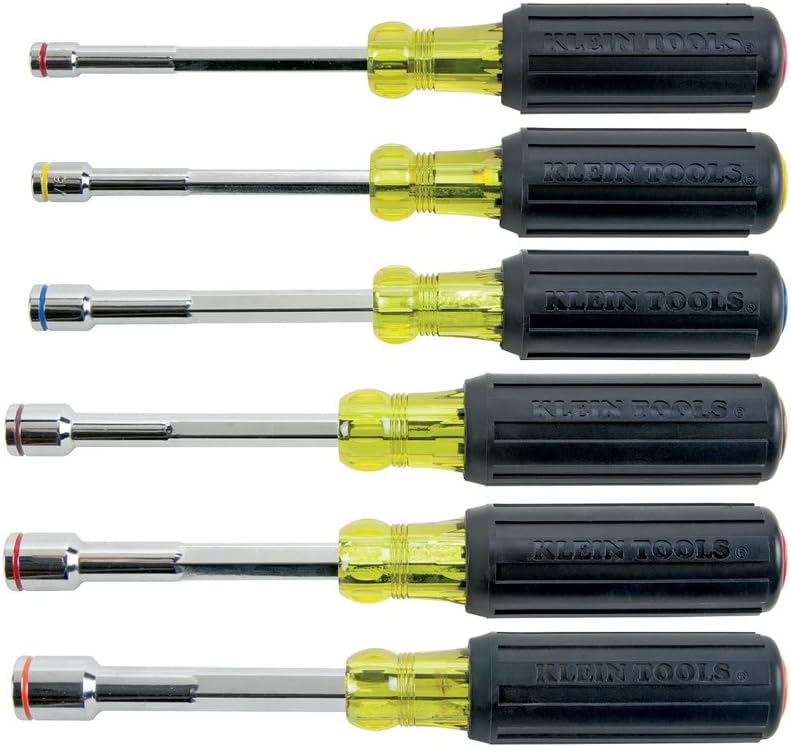 Klein Tools 635-6 Nut Driver Set, 6-Pc Magnetic Hex Nut Drivers, SAE Sizes 1/4, 5/16, 3/8, 7/16, 1/2, and 9/16-Inch Hex, 6-Inch, Color Coded - - 