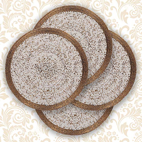 Decozen Handmade Round Beaded Placemat for Coffee Table Dining Table High Quality Beads Heat Resistant Scratch Proof and Easy to Care Kitchen Décor Table Mat with Diameter 14 inches - Antique Gold