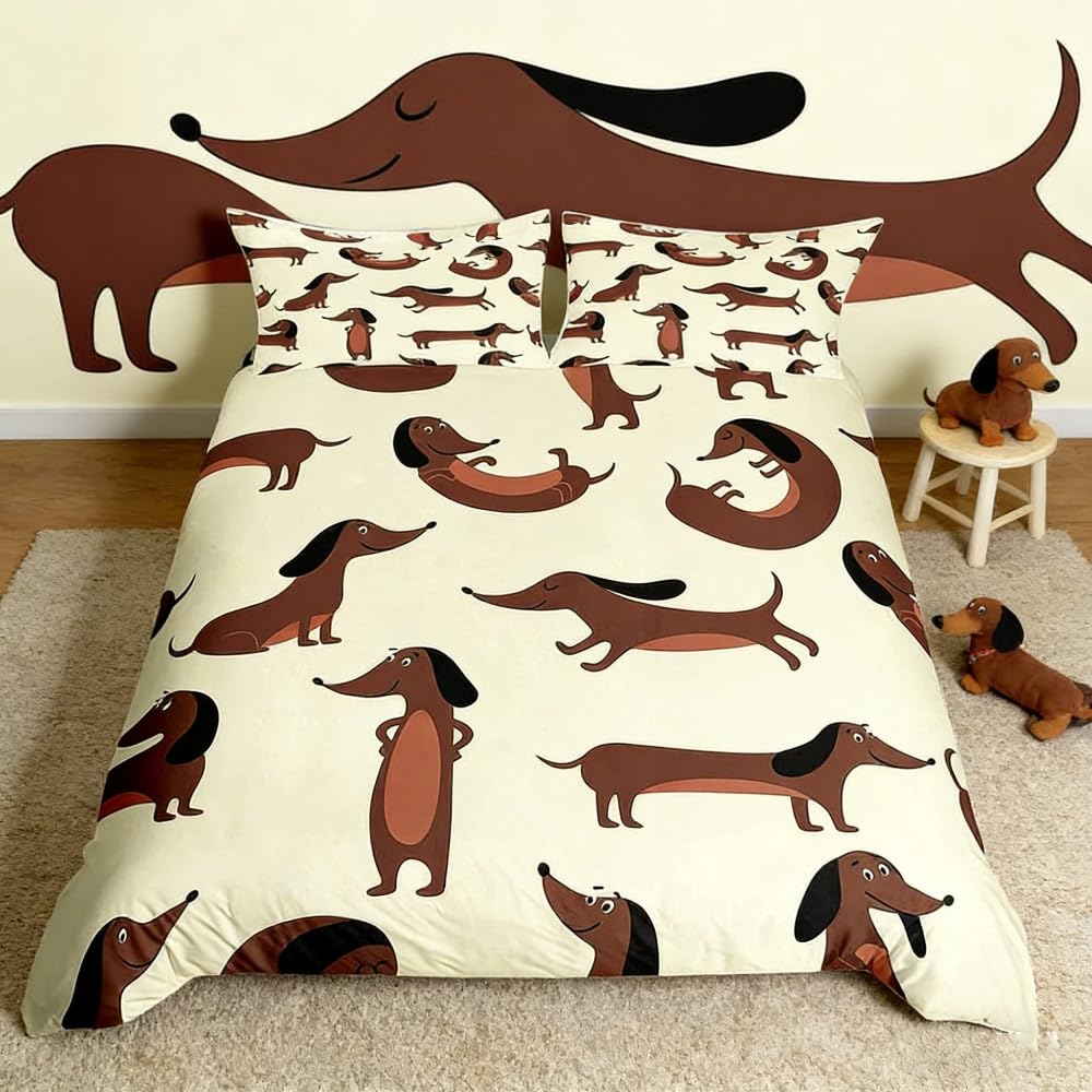 Kids Dachshund Bedding Set Cute Cartoon Sausage Dog Duvet Cover for Boys Girls Teens Bedroom Cartoon Kawaii Funny Puppy Comforter Cover Set Pet Animal Bedding & Linen King With 2 Pillow Case