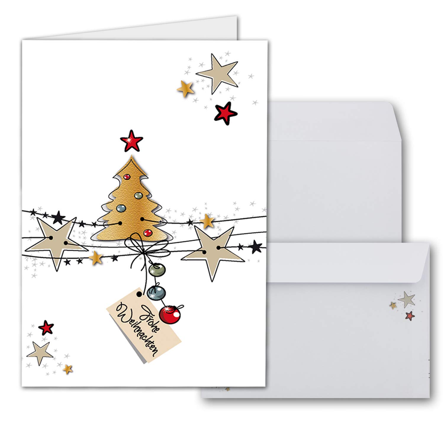 NEUSER PAPIER 15x Christmas card set DIN A6 in white with Christmas tree and stars Folding cards with matching envelopes Christmas greetings for companies and private individuals
