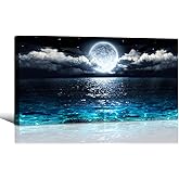 Wall Art Moon Sea Ocean Landscape Picture Canvas Wall Art Print Paintings Modern Artwork for Living Room Wall Decor and Home Décor Framed Ready to Hang,1inch Thick Frame, Waterproof Artwork.