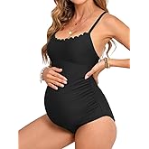 CUPSHE Maternity One Piece Swimsuit Scoop Neck Women's Bathing Suit Scalloped Lace up Back Criss Cross Tie Pregnancy