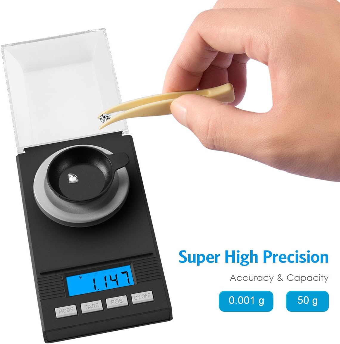 AMIR Digital Mini Scale, Milligram Precise Jewelry Scale, 50g X 0.001g, with Calibration Weights Tweezers and Weighing Pans - Image 4
