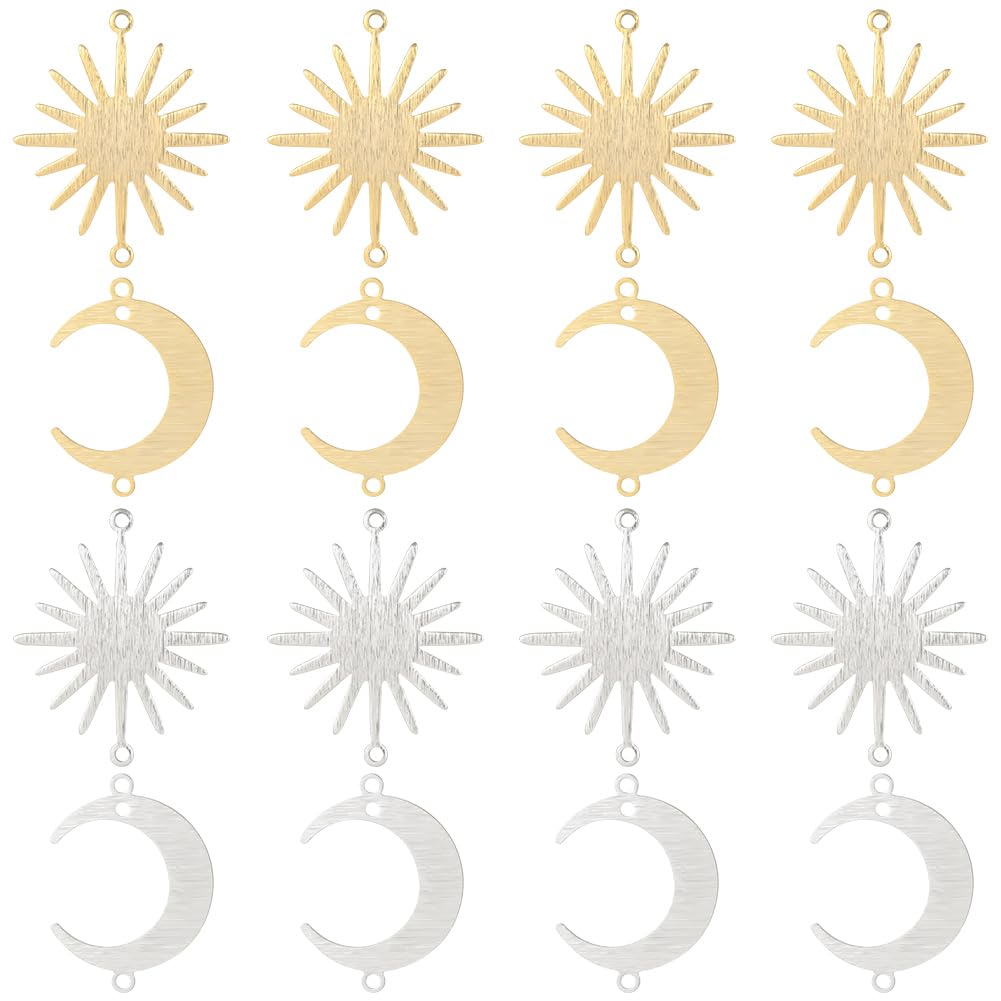 Beebeecraft 1 Box 24Pcs 4 Style Sun Moon Links Charms 24K Gold 925 Sterling Silver Plated Crescent Connectors Charms for Jewelry Making Necklace Bracelet DIY Crafts