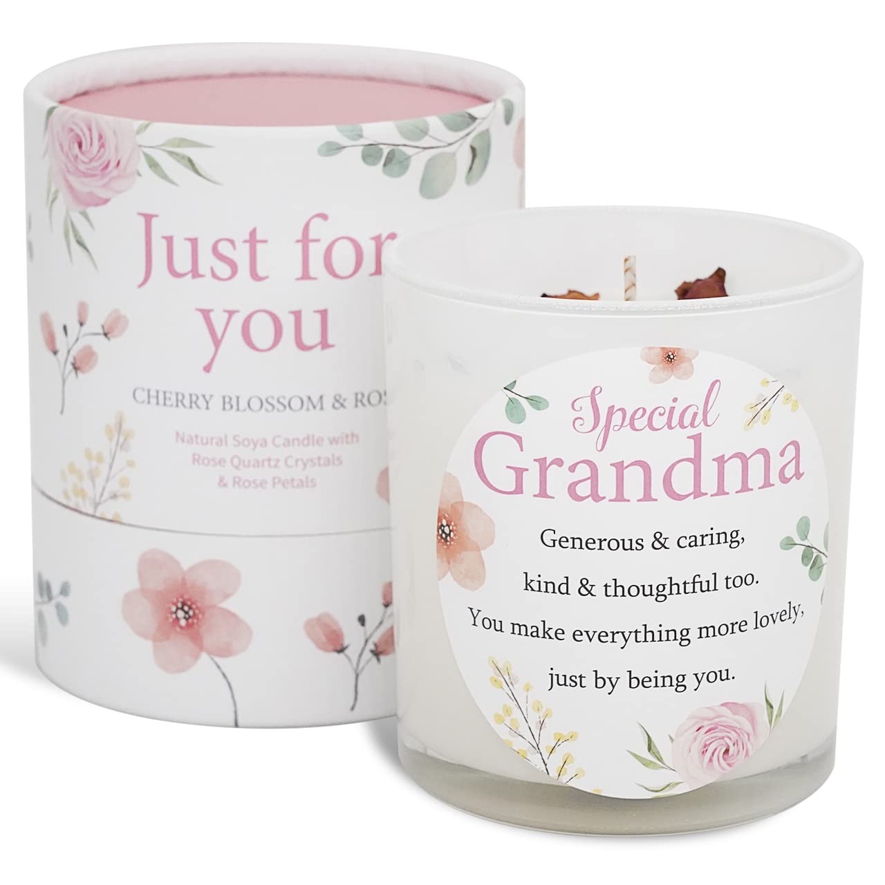 Grandma Candle that Makes a Thoughtful Gifts for Grandma - Ideal Mother’s Day Christmas and Special Grandma BirthdaySoya Candle with Rose Quartz and Rose Petals