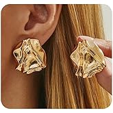 Gold Silver Plated Geometric Pleated Lava Stud Earring for Women,Irregular Chunky Statement Molten Dangle Earrings Punk Party Fashion Accessories Gift
