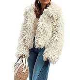 Aoang Women's Cropped Faux Fur Jacket Long Sleeve Shaggy Fluffy Winter Coat with Pockets for Wedding Club Party