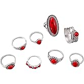 JDRGJTH 8 PCS Western Turquoise Rings for Women Boho Stackable Knuckle Rings Set Oval Gemstone Rings Country Concert Outfits Boho Jewelry Accessorie, Red