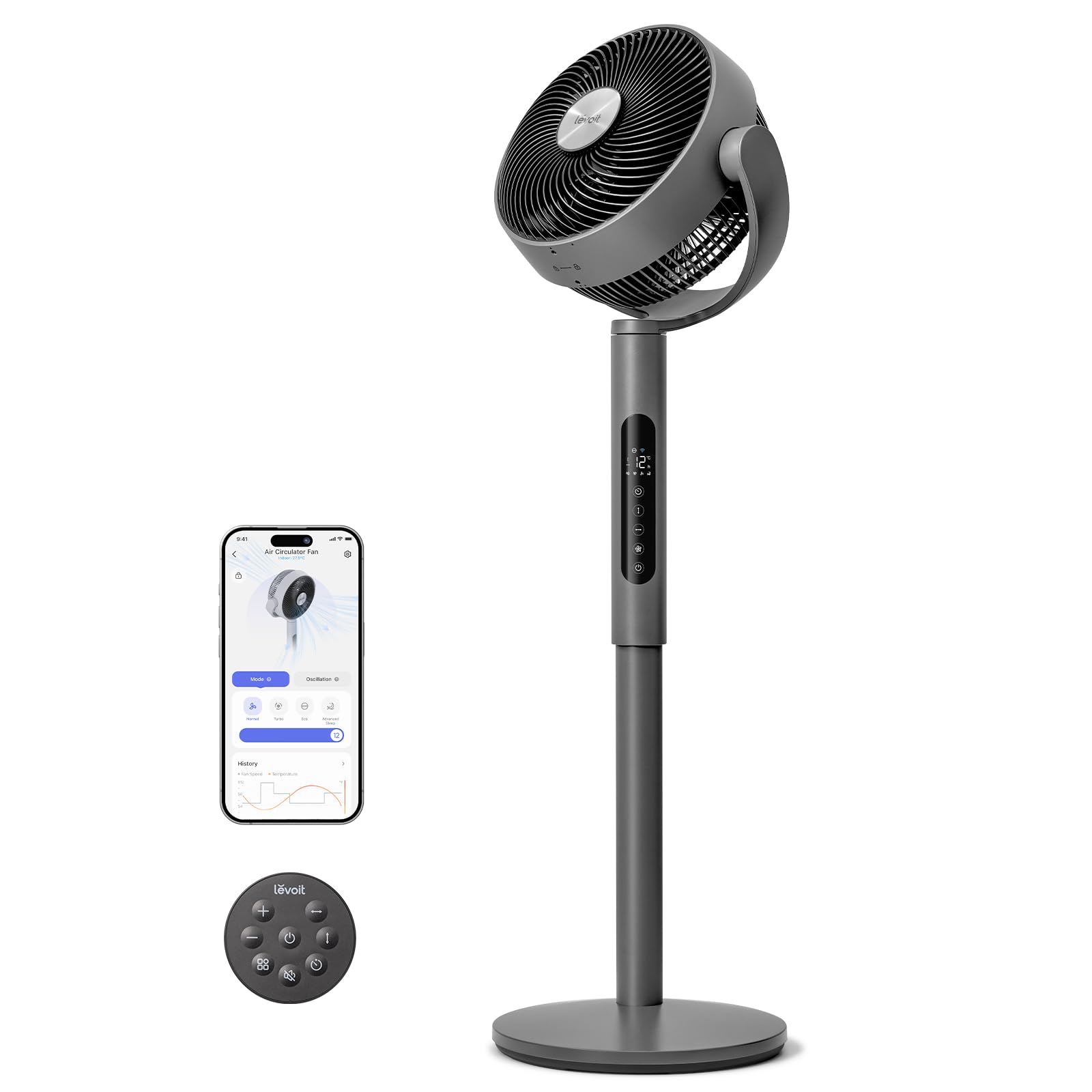 Levoit 20dB Standventilator sehr leise mit intelligenter Steuerung via APP & Alexa, DC Motor mit 30m Wurfweite, Ventilator mit Kühlung, Fan mit Fernbedienung, 4 Modi 12 Stufen 12 Std Timer