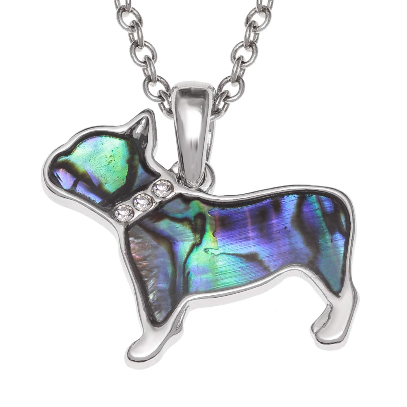 Kiara Jewellery French Bulldog Pendant Necklace Inlaid With Greenish Paua Abalone Shell And Glass Stone Collar on 18" Trace Chain