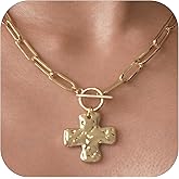 KKOXZ Gold Chunky Cross Necklace for Women - Statement Layered Hammered Cross Pendant Jewelry with Vintage Toggle Clasp, Bold Thick Chain Necklace Gift for Women