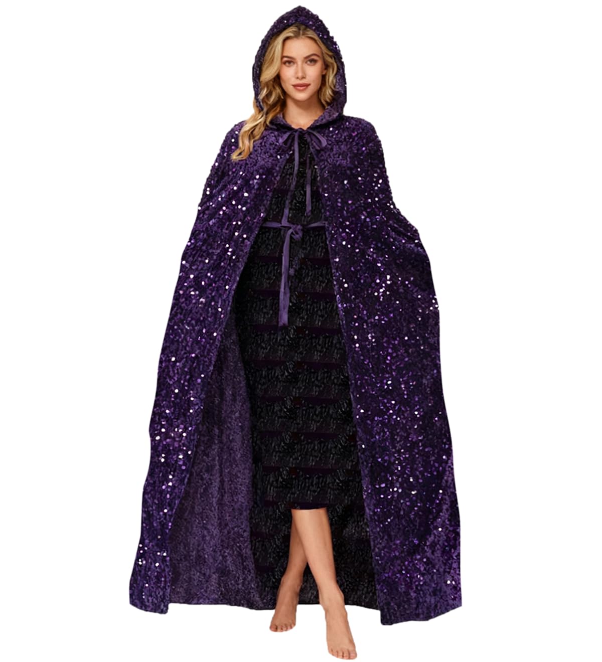 Awlsyj Womens Hooded Cloak Long Velvet Cape Halloween Costumes Robe Masquerade Party Role Cosplay (Sequin Dark Purple) — image 1