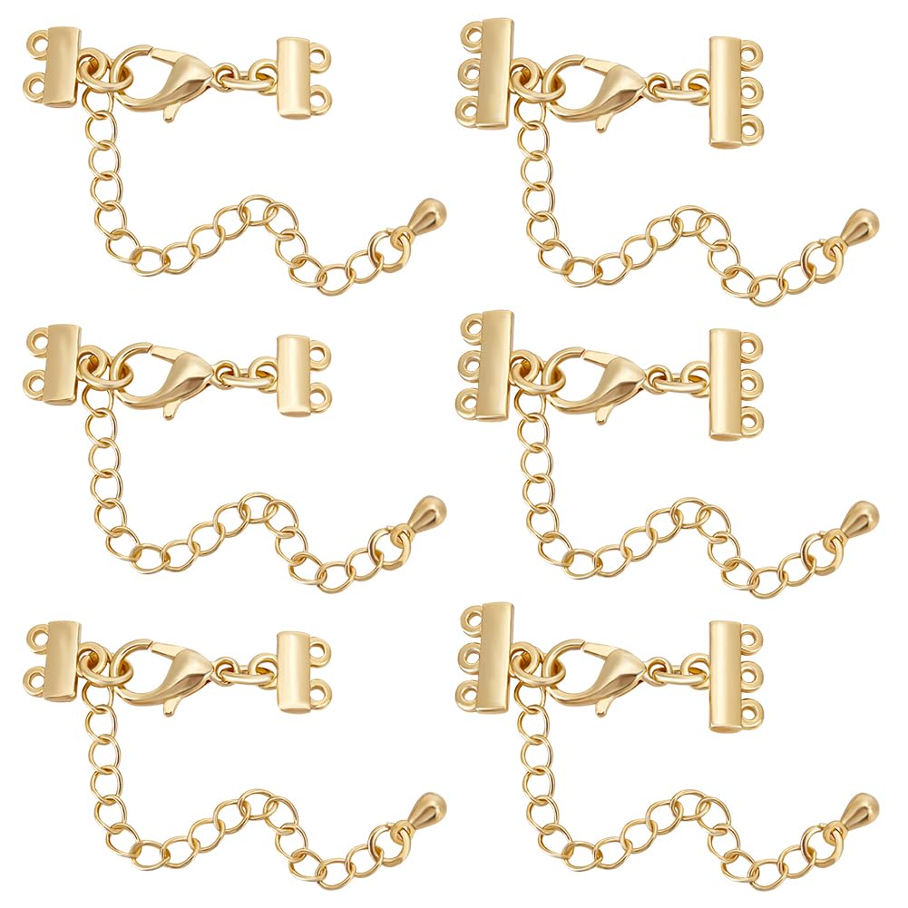 Beebeecraft 1 Box 8Pcs Layering Clasp 18K Gold Plated Multi Strand Triple Layered Magnetic Necklaces Clasps Adjustable Chain Connectors with Lobster Claw for DIY Jewelry Making
