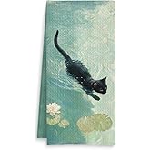 Fuasei Waterlily Pond Black Cat Kitchen Towels, Cat Lover Mom Lady Gifts Hand Towels for Bathroom, Floral Kitten Dish Tea Towel for Kitchen, 16x24 Inch