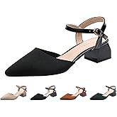 OXNEUHG Women's Knit Closed Toe Slingback Chunky Heel Dress Pumps with Wave Ankle Strap Fashion Pointed Toe Buckle Block Heeled Sandals Summer Casual Work Office Wedding High Heels