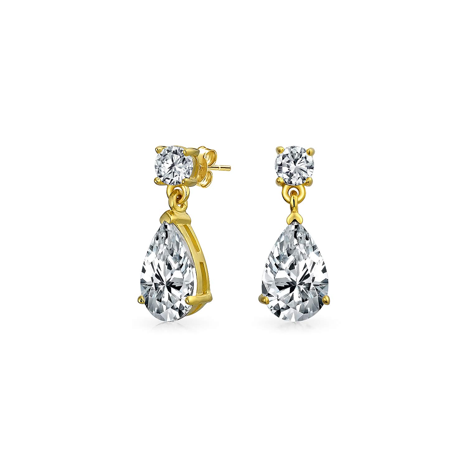 Classic Bridal Simple Cubic Zirconia Teardrop AAA CZ Dangle Drop Earrings For Women Prom Gold Plated .925 Sterling Silver Small 6MM — image 1