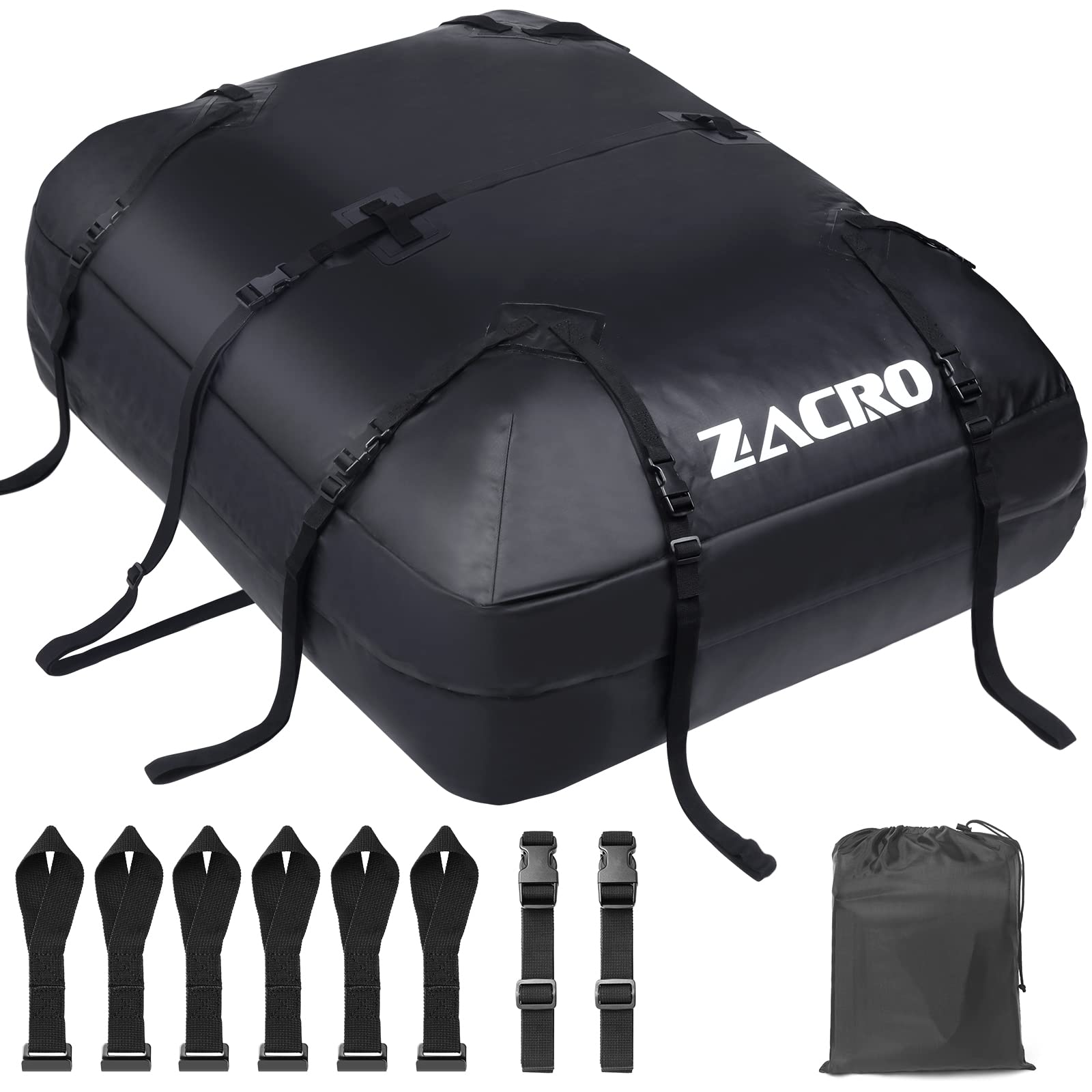 Zacro Car Roof Bag - 15 Cubic Feet (425 L) Waterproof Box - Straps for Any Vehicle With/Without Rack/Rails/Bars - Foldable Top Carrier With 10 Reinforced Straps and 6 Door Hooks