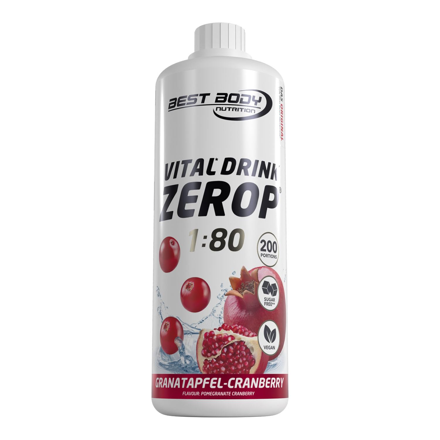 Best Body Nutrition ZEROP Vital Zuckerfreies Getränkekonzentrat Sirup Granatapfel-Cranberry Ohne Aspartam 1 L ergibt 80 L Getränk Fitness Drink mit Vitaminen B1 B6 Niacin Kalorienarm Wassersprudler