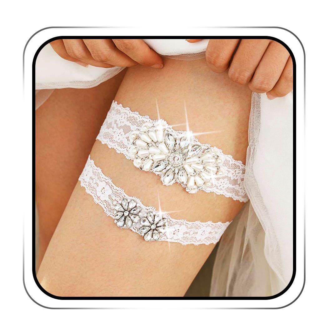 IYOU 2 Pcs Wedding Garter White Shiny Rhinestone Lace Leg Belts Glitter Crystal Prom Party Bridal Garters Set for Bride and Bridesmaid(Silver)