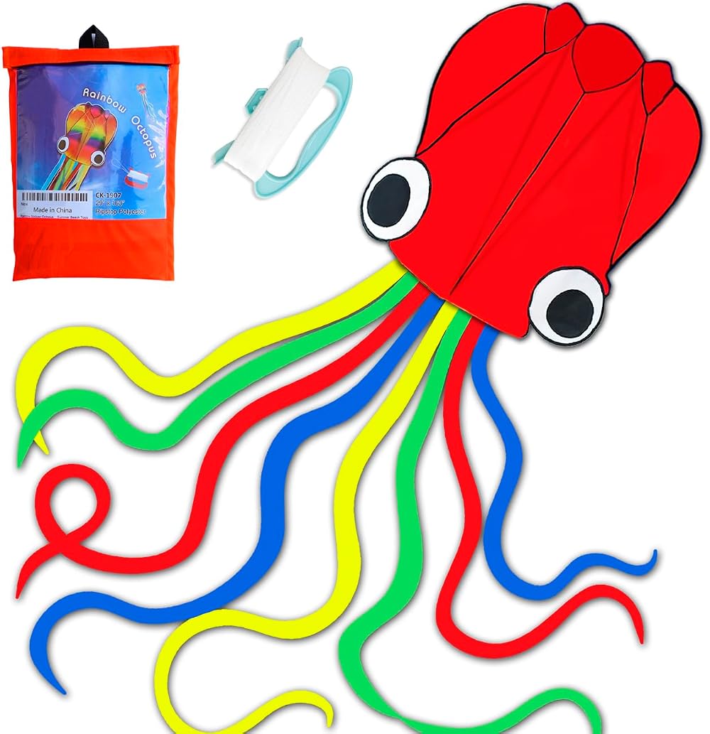 HONBO Large Octopus Kite for Kids Adults Easy Fly Red Beach Outdoor Toy