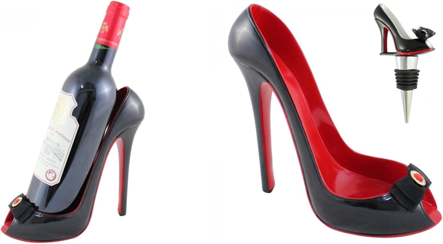 High Heel Shoe Wine Bottle Holder & Stopper Set (Black Peep