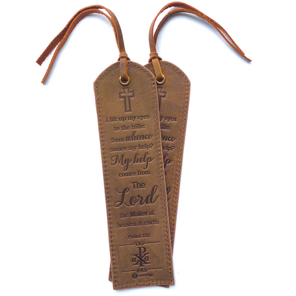 Leather Bible Bookmarks - 2 Leather Christian Bookmarks with Inspirational Bible Verse | Psalm 121 I Lift Up My Eyes To The Hills | Perfect Religious Book Marker Gifts for Men, Women, Readers, Friends