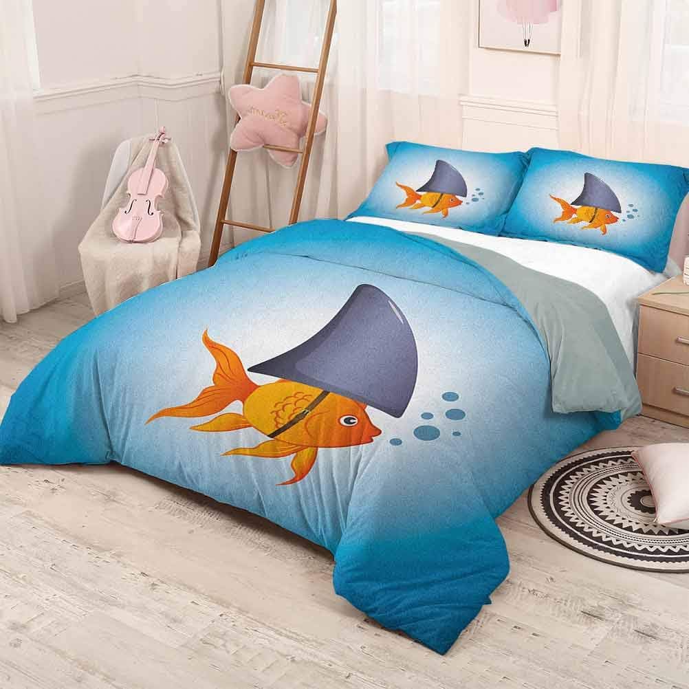 HELLOLEON (Twin) Shark Extra Large Quilt Cover Little Goldfish Wearing A Shark Fin to Scare Predators Success Concept Can be Used as a Quilt Cover-Lightweight Violet Blue Grey Orange