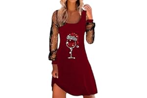 Women's Christmas Midi Dress - Mesh Long Sleeve Funny Red Wine Glass Graphic Print Xmas Holiday Party Dress