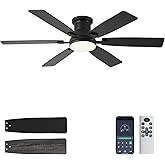 iacaf 52inch Low Profile Ceiling Fan with Light and Remote/APP Control, LED Dimmable DC ReversibleModern, Flush Mount,6 Blade,Black Ceiling Fan for Bedroom Living Room/Outdoor Use