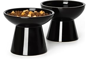 YauYik Extra Wide Raised Cat Food Bowl - Ceramic Cat Bowls for Food and Water, Elevated Shallow Cat Food Dish, Whisker Stress-Free, Great Height for Cats - 2 Pack, Black