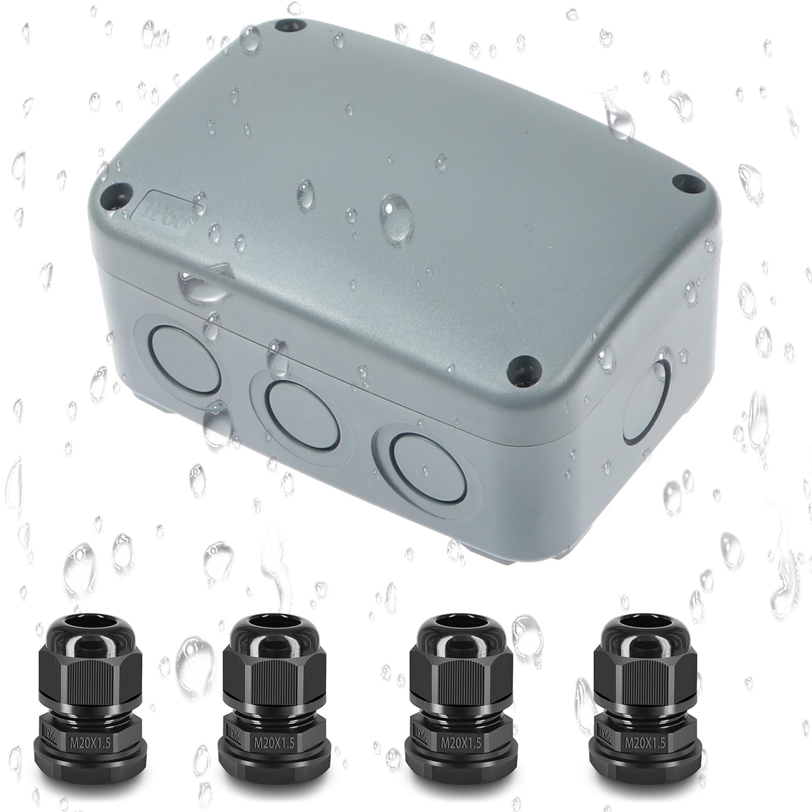 Waterproof Junction Box with 4-Pack M20*1.5mm Cable Glands Set, Nineleaf Junction Box Waterproof Outdoor IP66, PC ABS Plastic, 125x86x62mm, Gray