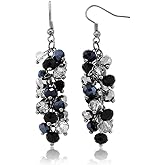 Gem Stone King 2 Inch Black and Silver Cluster Faceted Crystal Dangle Hook Earrings For Women