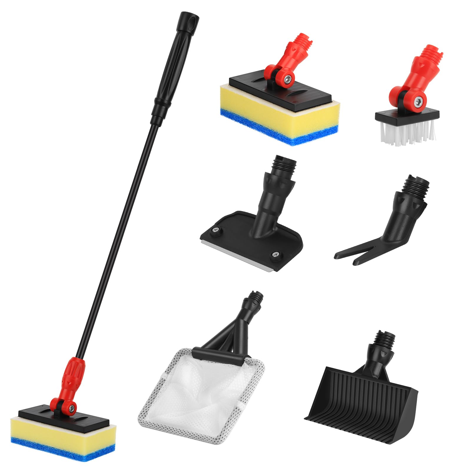 hygger Multipurpose Fish Tank Cleaning kit, 6-in-1 Aquarium Cleaning Set with Long Handle Scraper Sponge Scrubber Stiff Bristle Brush Fishnet Gravel Rake for Acrylic and Glass Tanks, S
