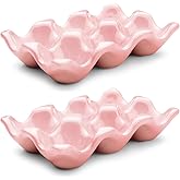 Flexzion Porcelain Egg Crate - 6-Egg Capacity Ceramic Egg Tray, Half Dozen Egg Holder for Fridge, Countertop Display - Pink Decorative Serving Dish and Storage Organizer, 2 Pack