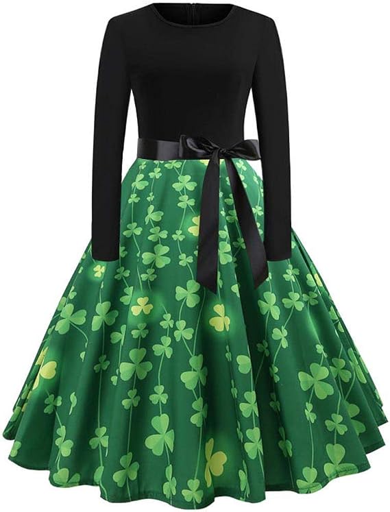 Rockabilly Kleid Damen – St. Patrick's Day Kleid Mit Grünem Kleeblatt, V-Ausschnitt Langarm, A-Linie, 50er Vintage Swing-Kleid Für Party & Abend
