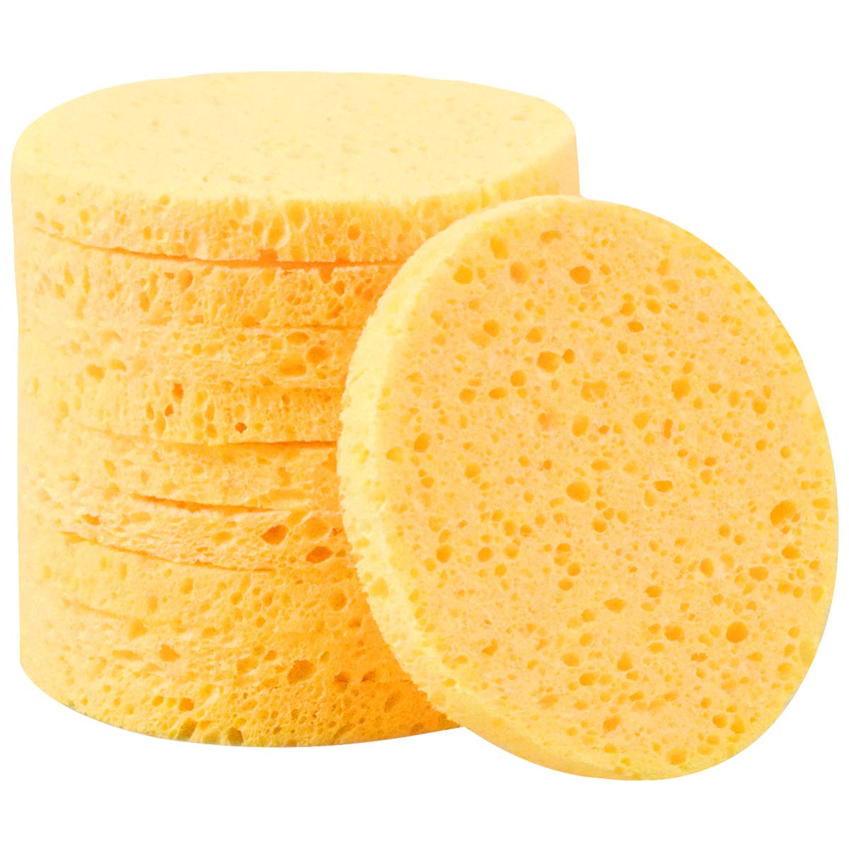 10 Pcs Facial Sponges, Cellulose Face Sponge, Face Cleansing Washing Sponges, Make Up Remover Sponges Pads, Beauty Sponges for Facial SPA Massage Makeup Removal (Round, Yellow)