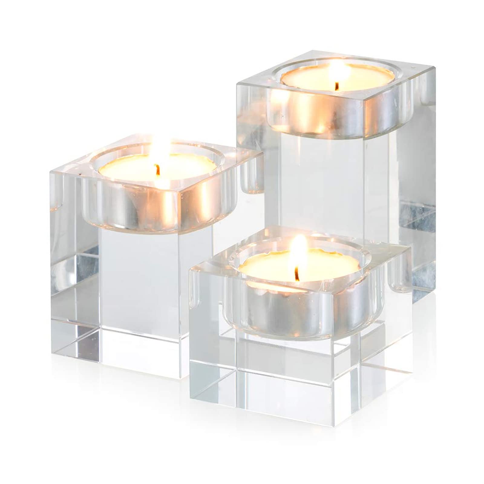 Sziqiqi 3-Piece Crystal Glass Candle Holder Set Crystal Candlelight Dinner Candle Holder Creative Ornament for Home, Dining Table and Bar, Square