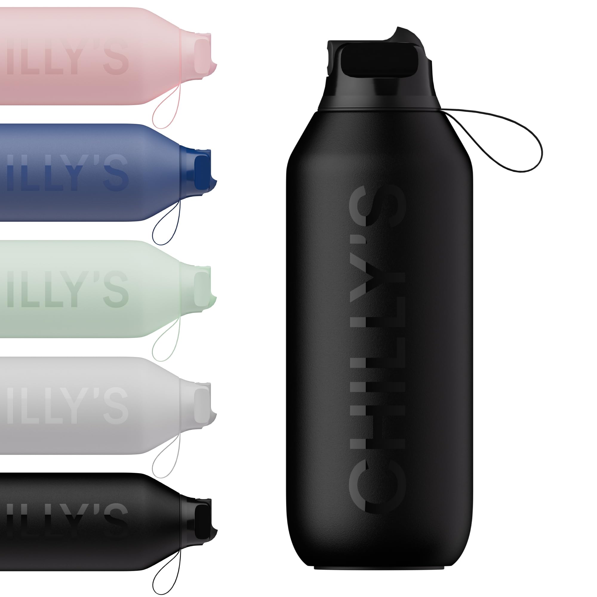 Chilly's Series 2 Flip Water Bottle with Sports Lid - Vacuum Insulated Stainless Steel Water Bottle with Straw, Carry Loop, & Cleaning Brush - No Sweat - 500ml - Abyss Black — image 1