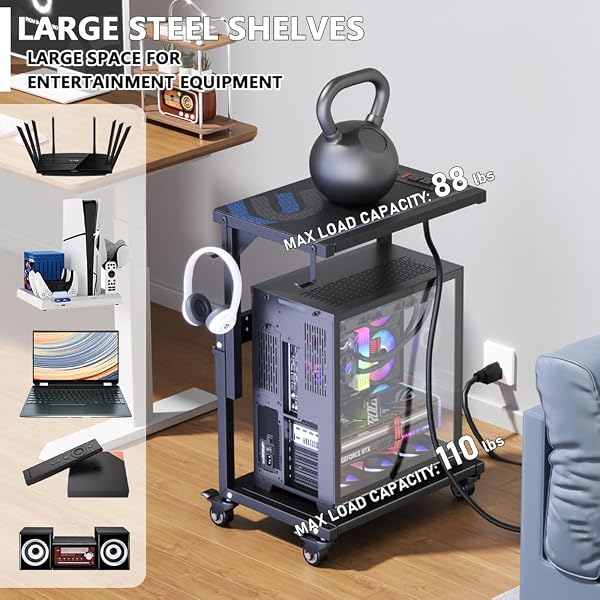 ZUAVIALA COMPUTER TOWER STAND WITH POWER OUTLET, 6 LEVEL HEIGHT AJUSTABLE PC TOWER STAND FOR FLOOR, MOBILE ROLLING CPU HOLDER CART FOR GAMING, OFFICE, HOME, 21.34″-28.3″, BLACK