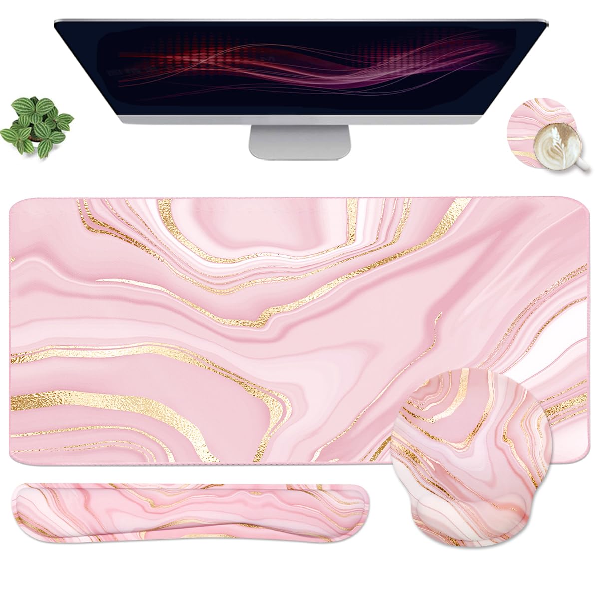 Photo 1 of 4-in-1 Gaming Mouse Pad Wrist Support Set?Desk Pad + Mouse Pad with Wrist Rest + Keyboard Wrist Rest + Coaster, Ergonomic Design for Home Office Study Game - Pink Fluid