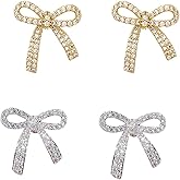 2 Pairs of Sparkling Rhinestone Bow Earrings - Gold & Silver, Ladies Wedding Fashion Jewelry Set