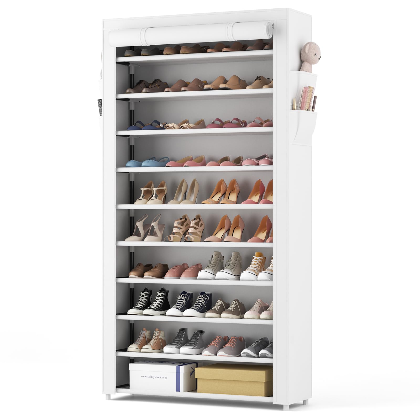 Photo 1 of **PARTIAL SET** ROJASOP Shoe Rack with Covers 10 Tier Large Shoe Organizer Tall Shoe Closet Storage for 50-55 Pairs Shoe and Boot, Free Standing Shoe Rack Organizer for Closet, Entryway, Bedroom, White