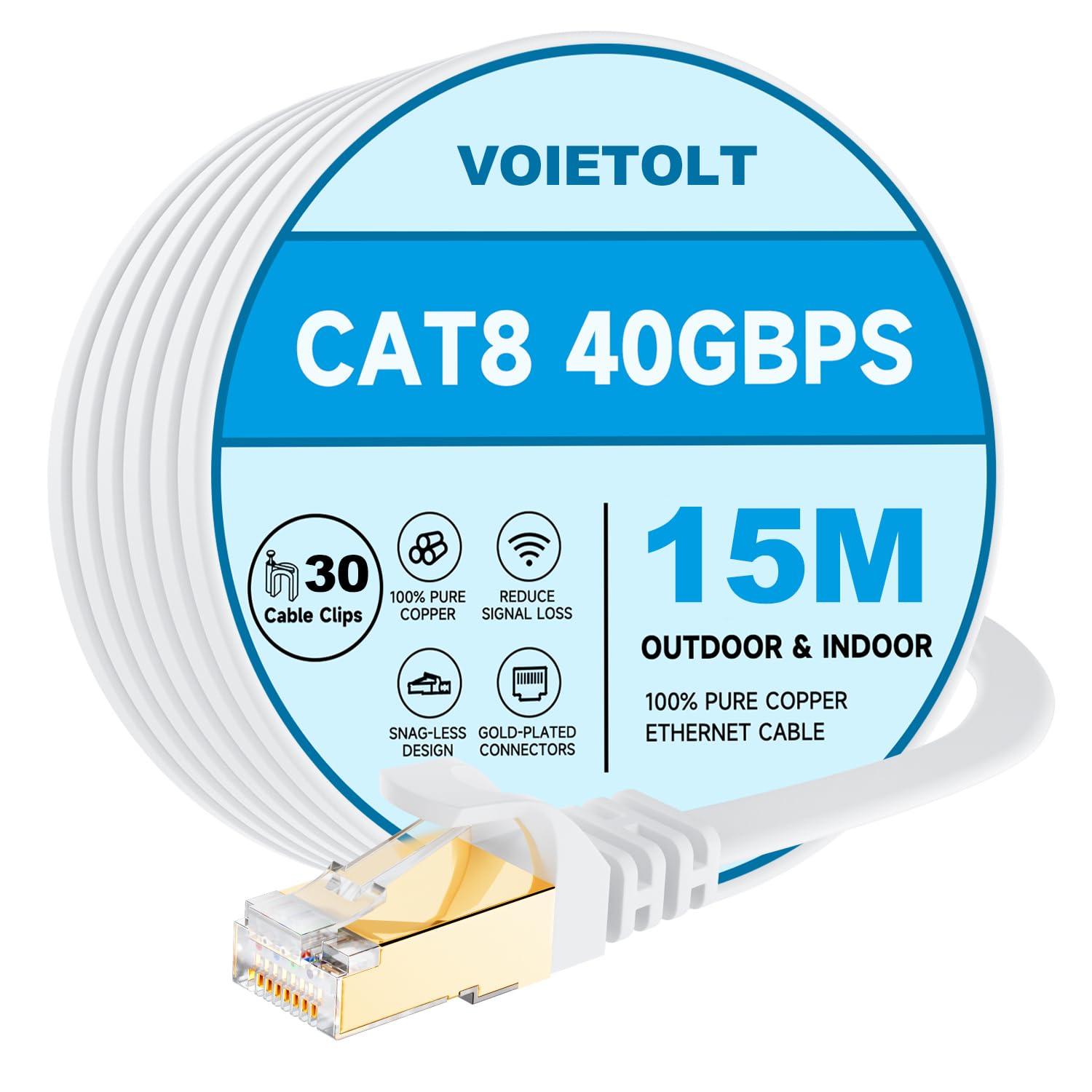 VOIETOLT Cat8 Ethernet Cable 15M, 40Gbps/2000Mhz Flat High Speed Network Cable, STP RJ45 Gigabit Cat-8 Lan Internet Cable for PS4/5, for Modem - White