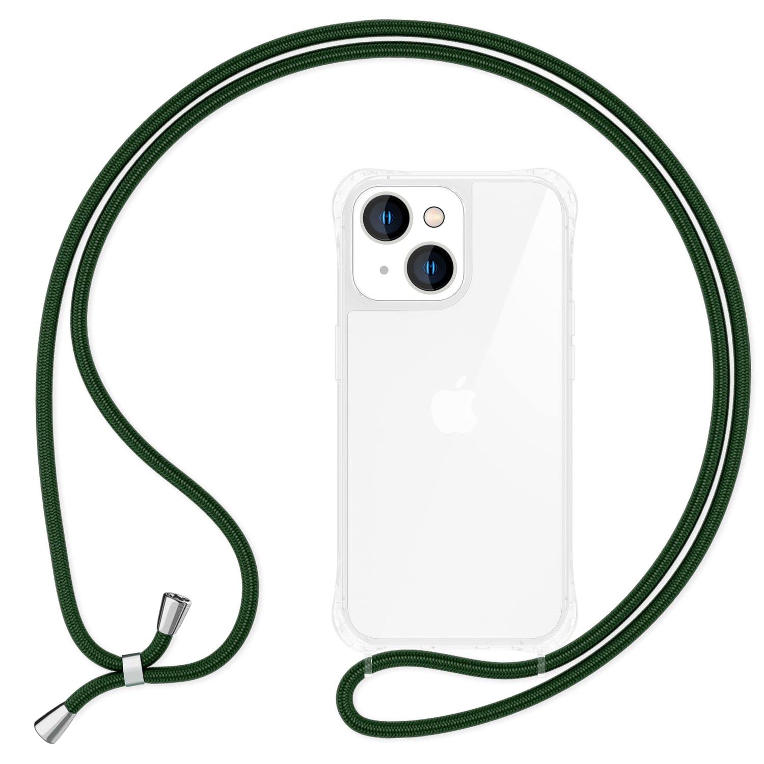 NALIA Necklace Case for iPhone 14 - Transparent Hybrid Cover & Strap - HANGIT PRO (Anti-Yellow Back & Adjustable) - German Brand, Color:Dark Green