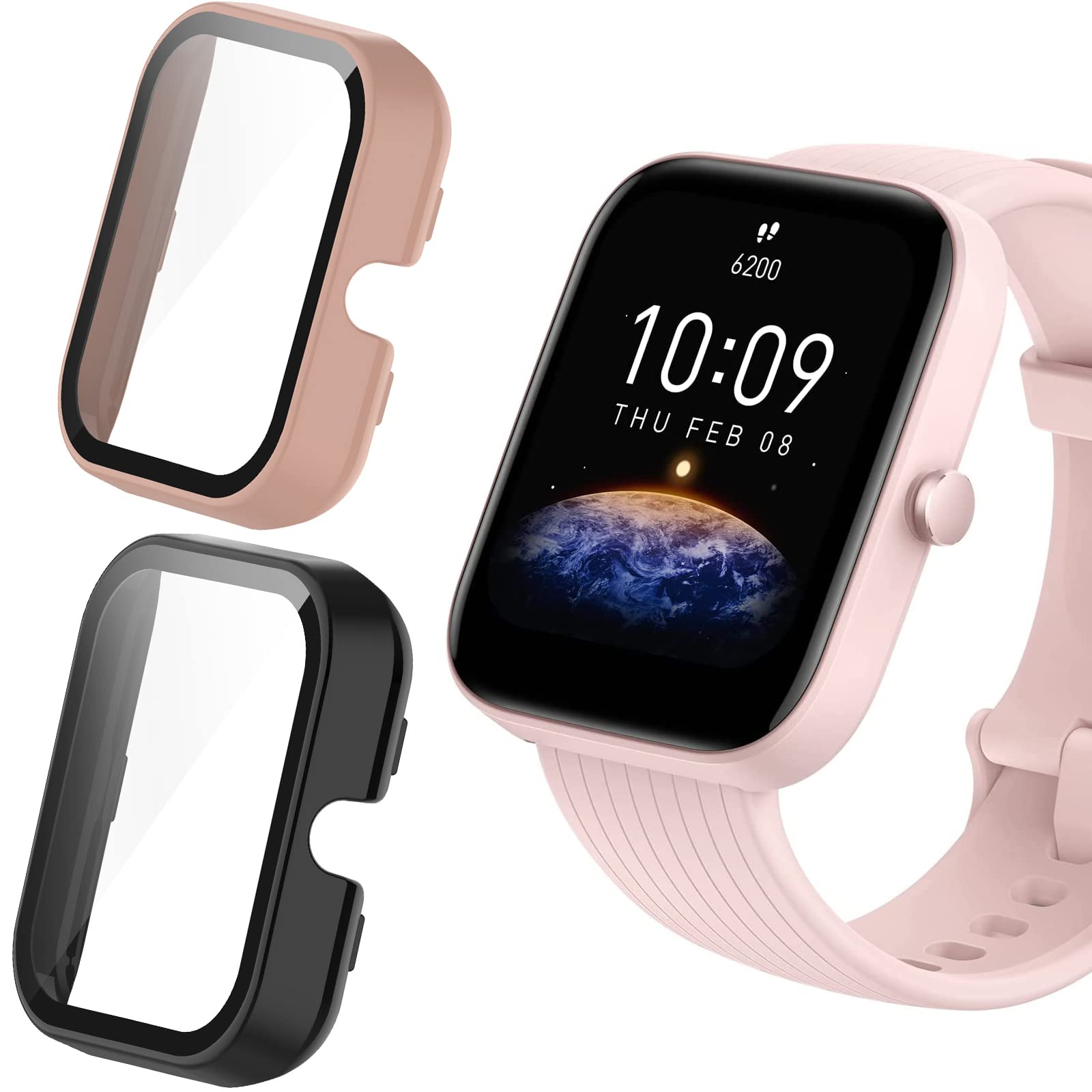 Compatible with Amazfit Bip 3 Pro Case, ceston Hard PC Case with Tempered Glass Screen Protector Compatible with Amazfit Bip 3 / Bip 3 Pro Smartwatch (2 pack-Black+Pink)