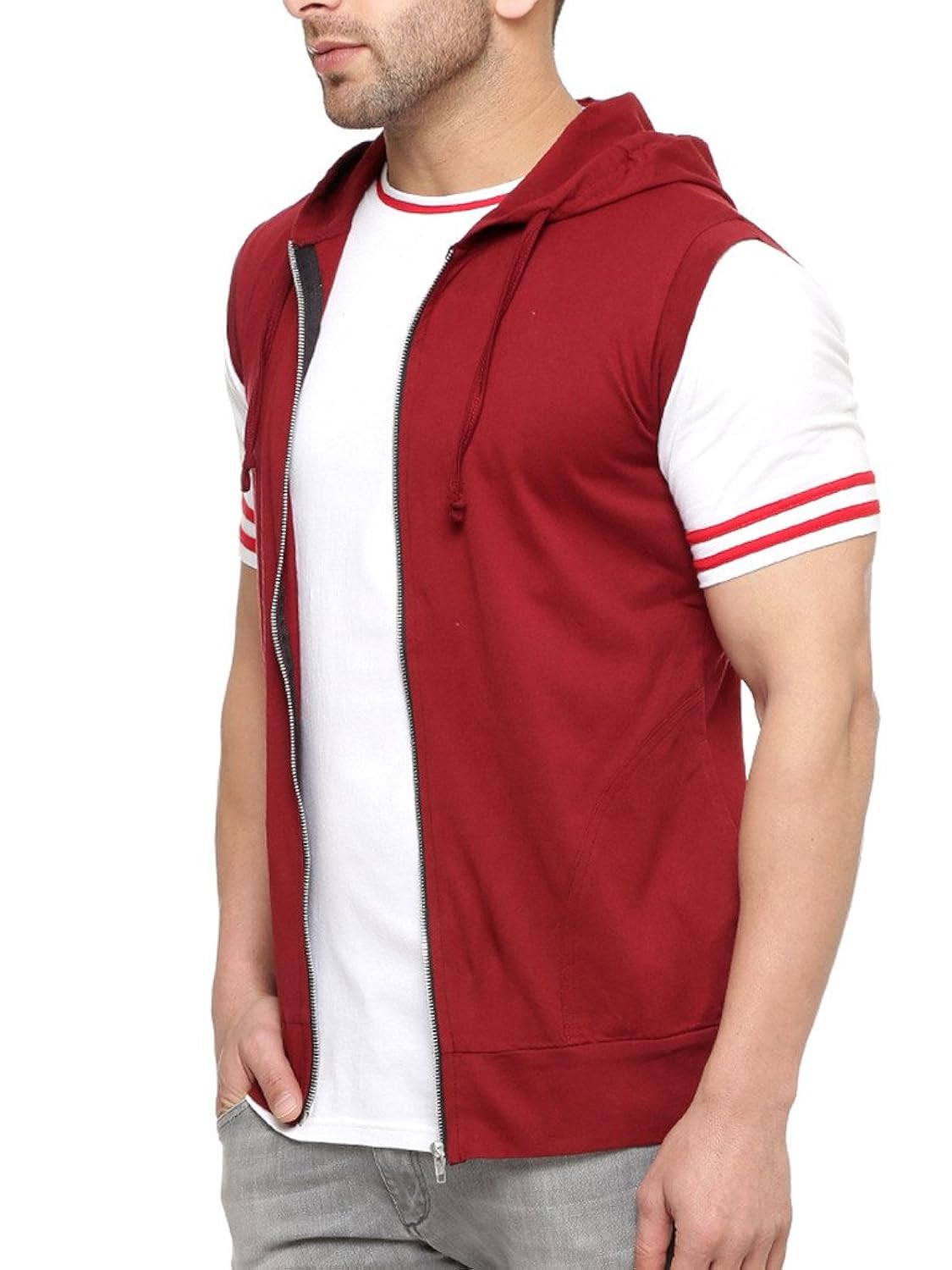 gritstones stylish maroon cut sleeve hooded jacket