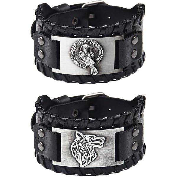 Bracelet Viking Cuir Loup Fenrir - Style Rock Et Gothique - Adjustable 18-22.5cm - Cuir PU Et Titane
