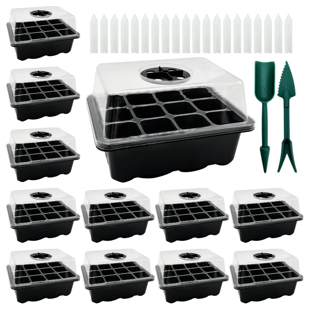 WAIZHIUA 12 Pcs Seed Trays with Humidity Dome – 144 Cells Reusable Seedling Starter Kit for Vegetables, Herbs & Flowers, Includes Tools & Labels